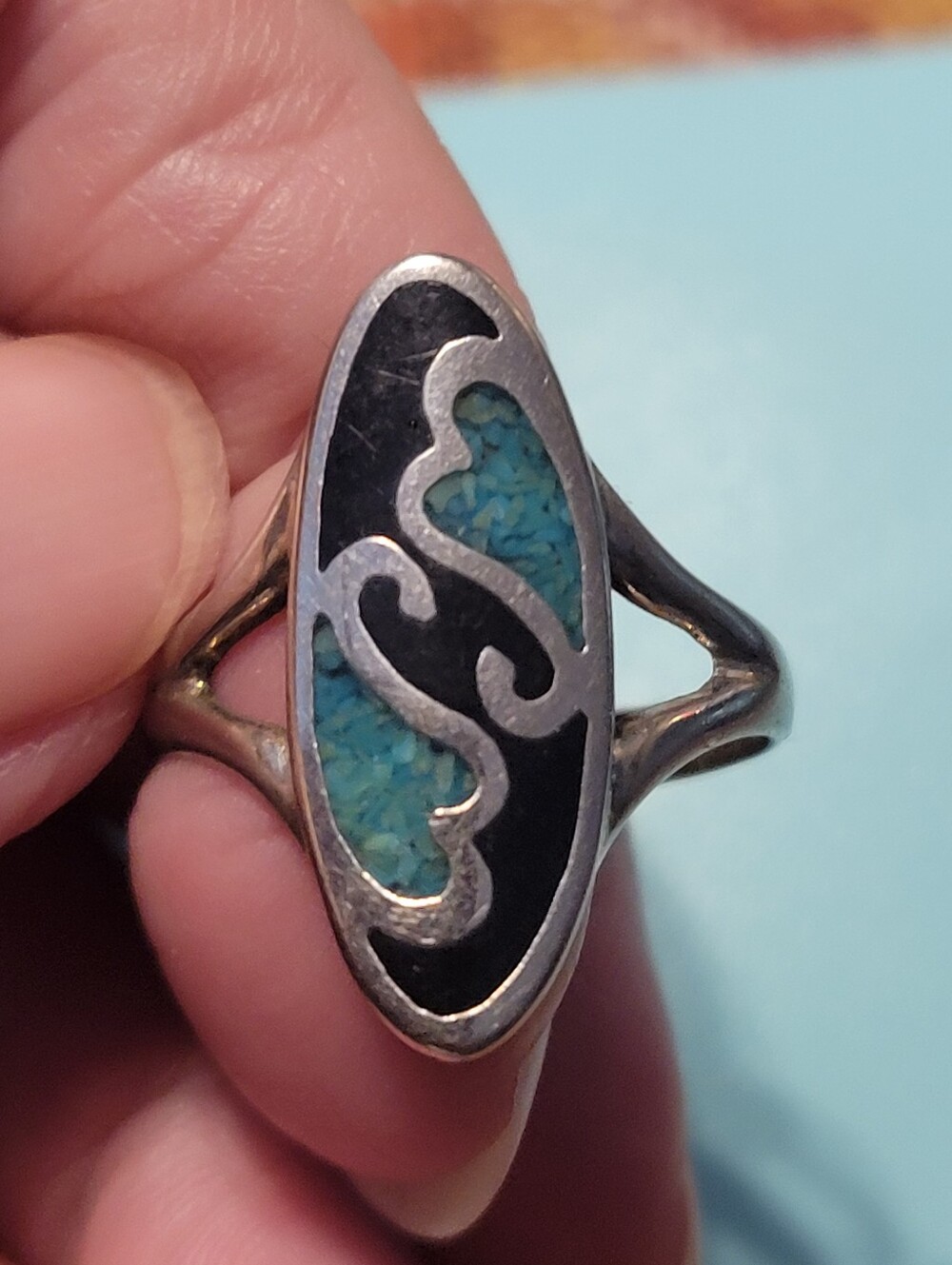 VINTAGE  Silver Turquoise Inlay Oval Statement Ring S8